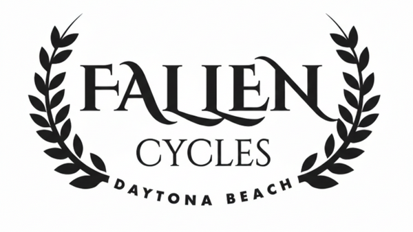 Logo of Fallen Cycles with leaf design on a white background